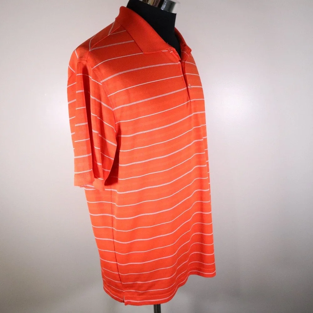 Nike Golf Polo Shirt Mens Large‎ Dri-Fit Performance Orange Striped Short Sleeve